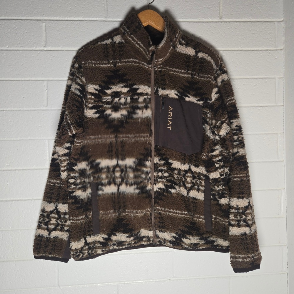 Ariat Mammoth Jacket Fleece Sherpa Southwestern Aztec Full Zip Brown Cabincore L